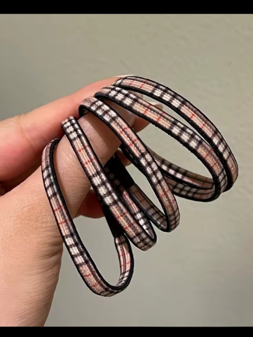 Tan Plaid Check Thin Hair Ties, Set of 5